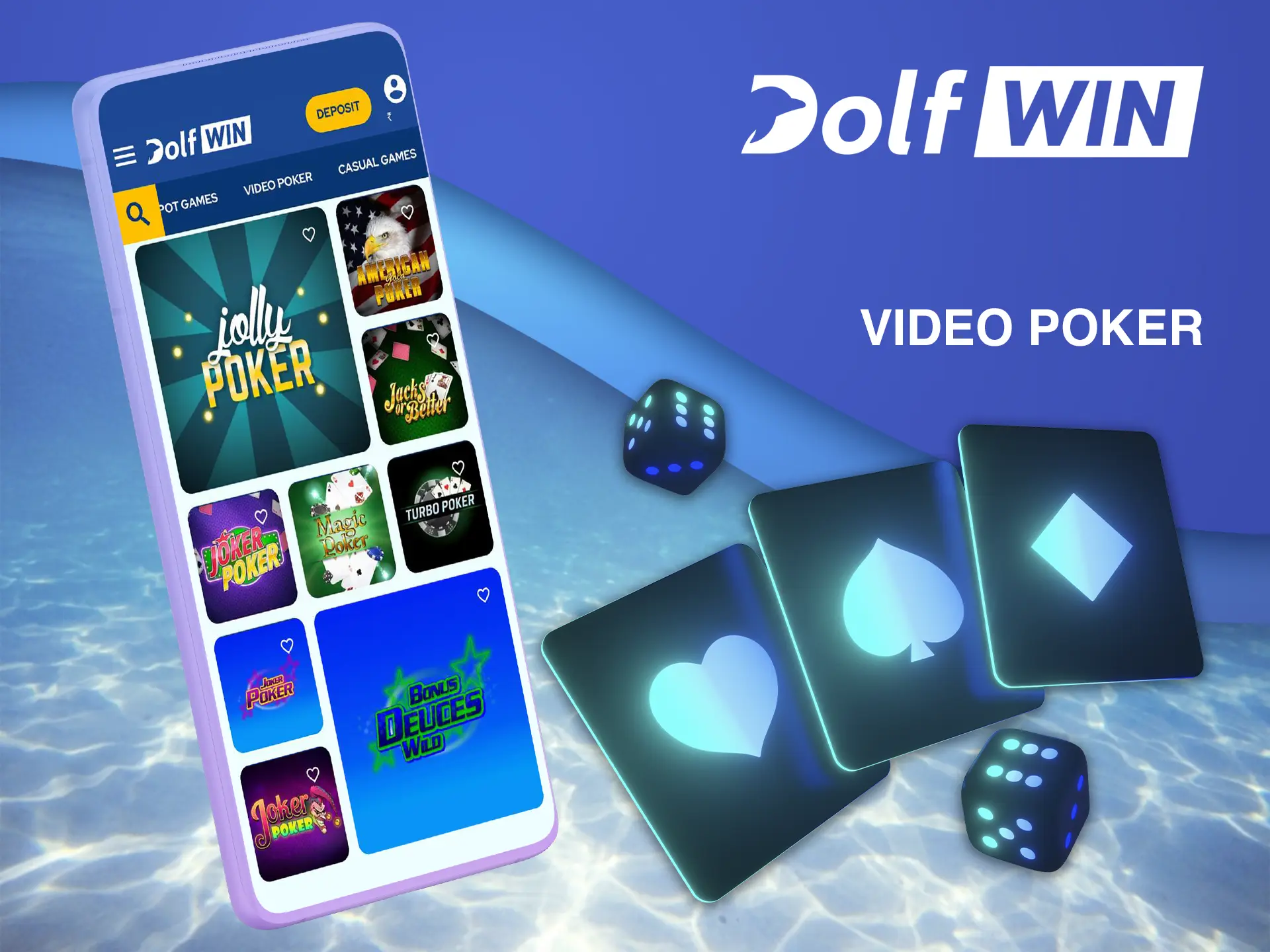 Collect the best combinations to win at Dolfwin poker.