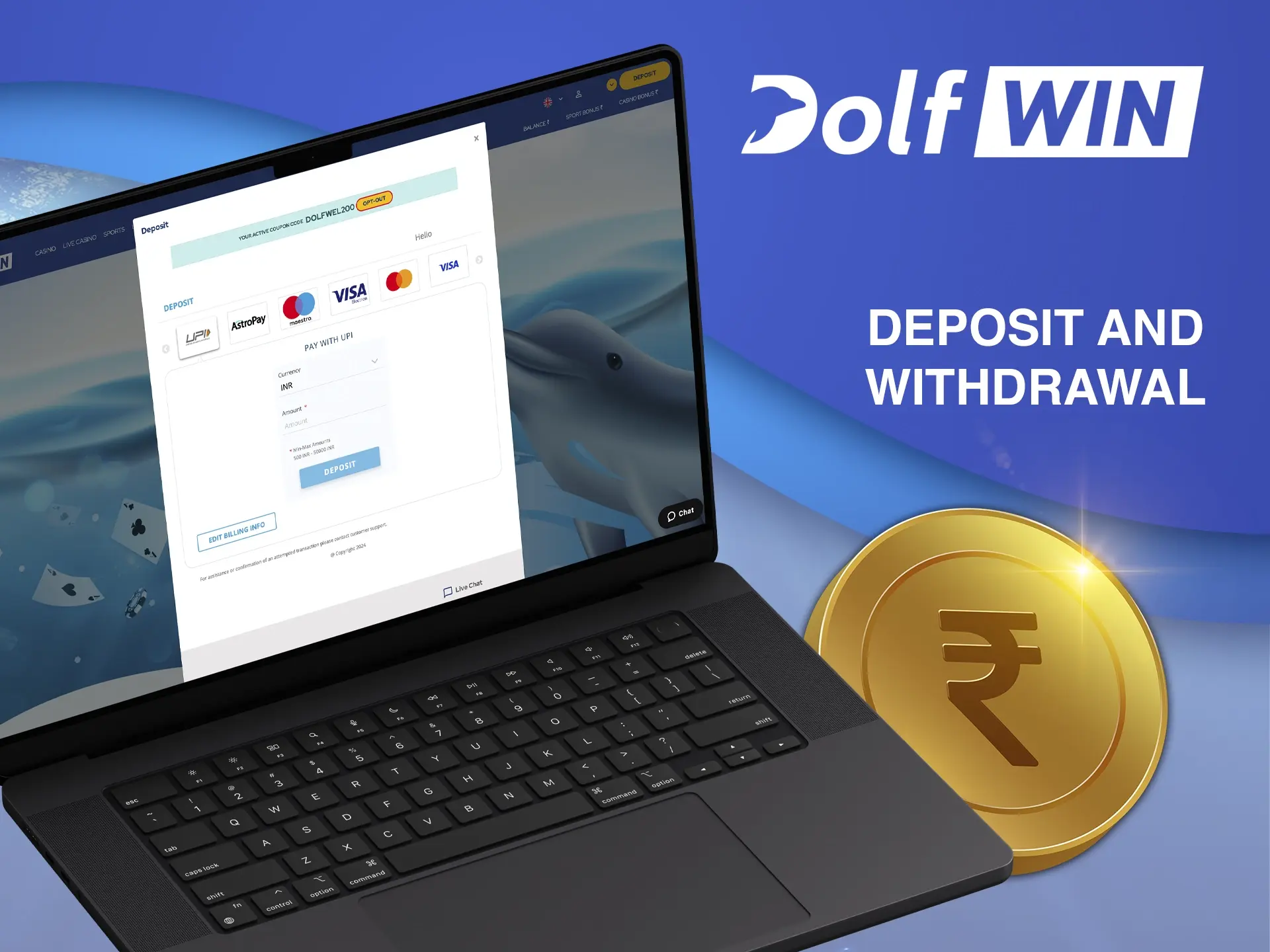 Use only convenient and favourable methods of funding your account at Dolfwin Casino.
