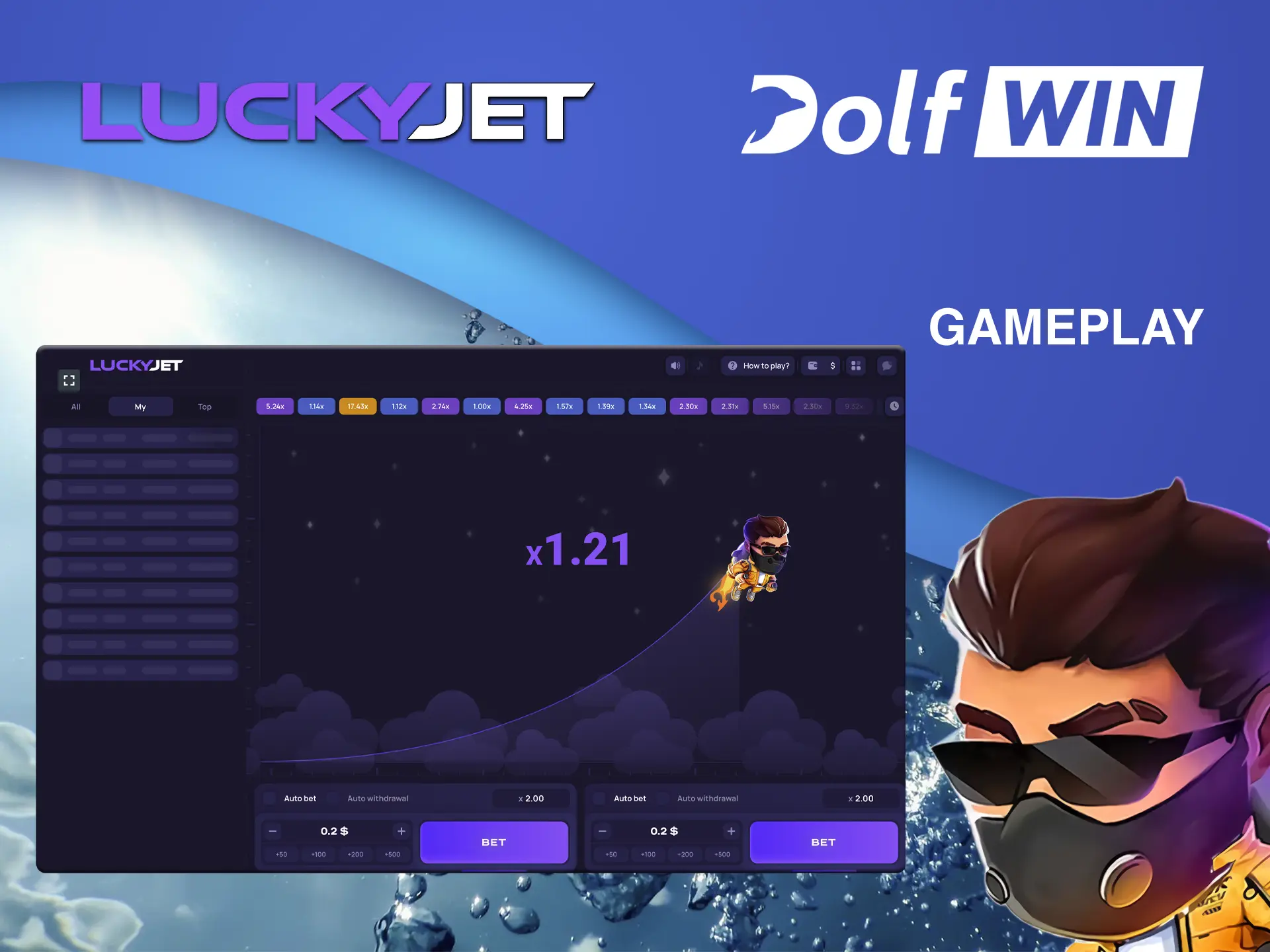 Be on the lookout and withdraw your funds on time when playing Lucky Jet by Dolfwin.