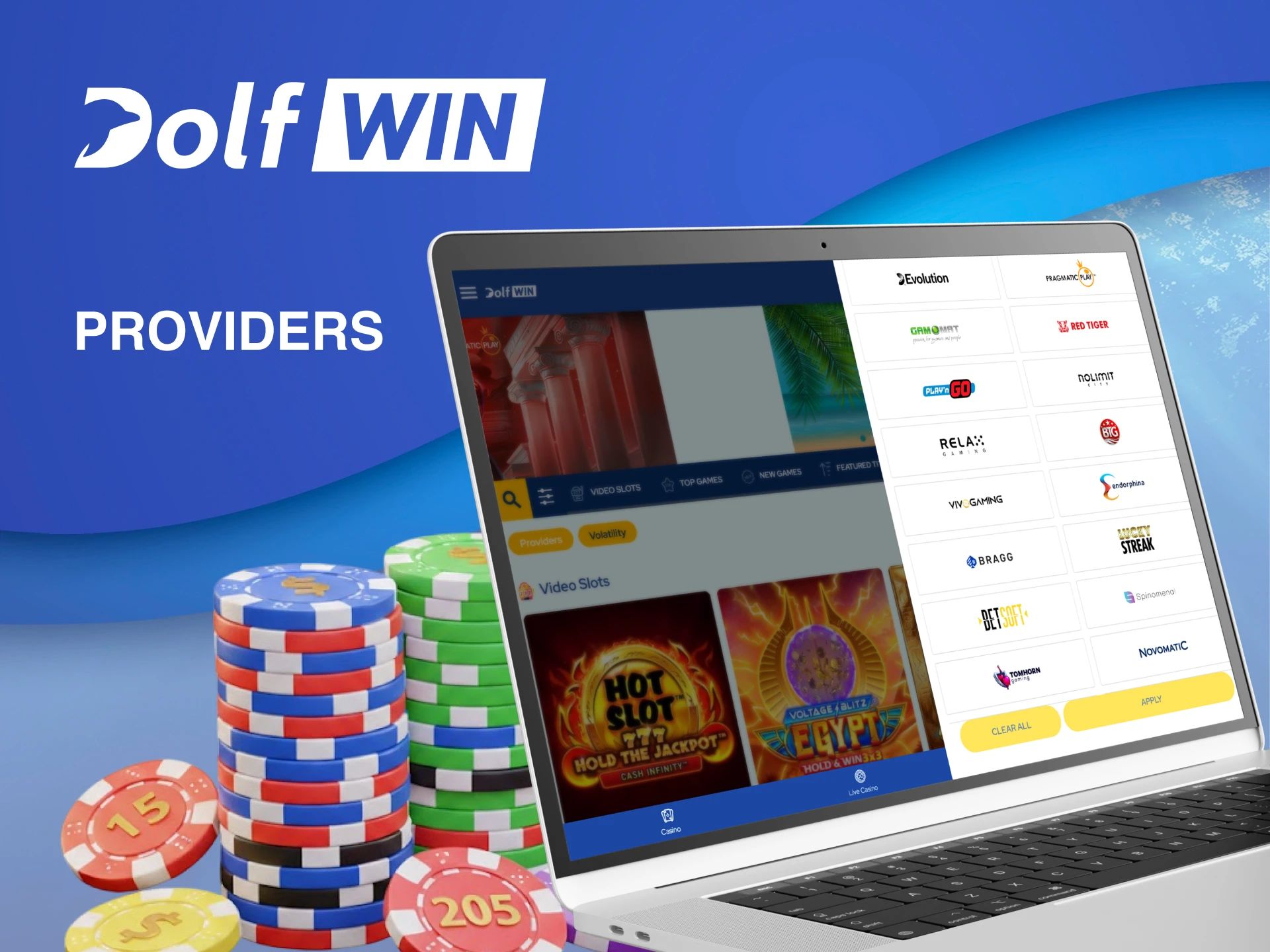Discover top game providers on Dolfwin Casino to play and win big.