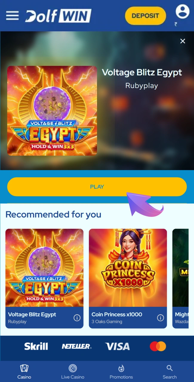 Play your chosen casino game at Dolfwin.