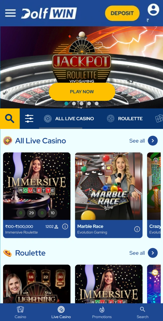 Select a live casino game from those offered by Dolfwin.