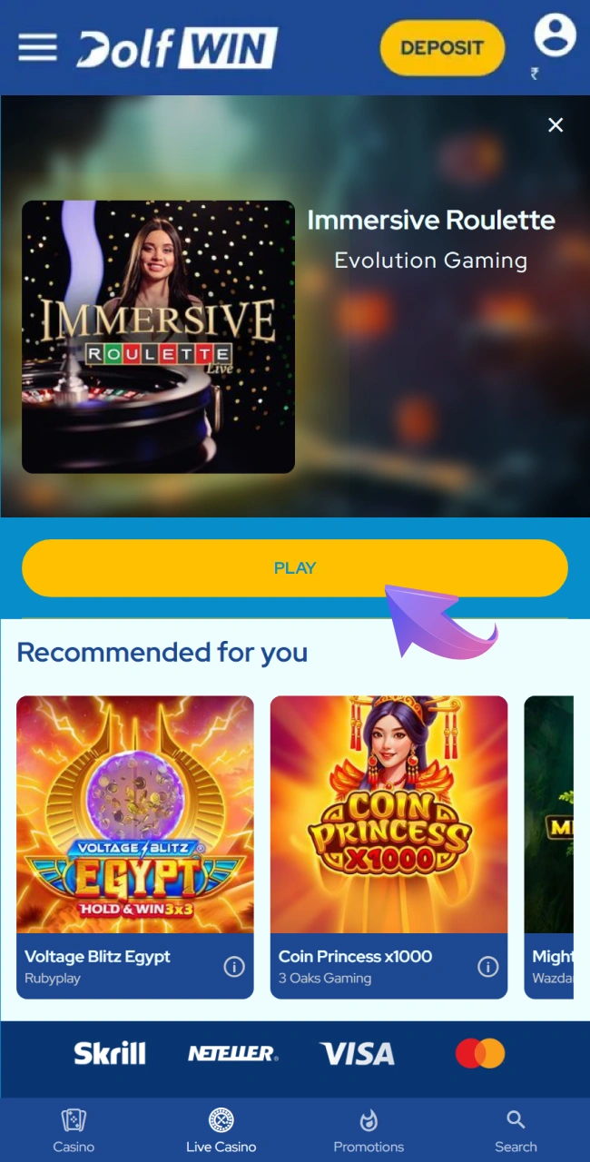 Start playing your chosen live casino game at Dolfwin.