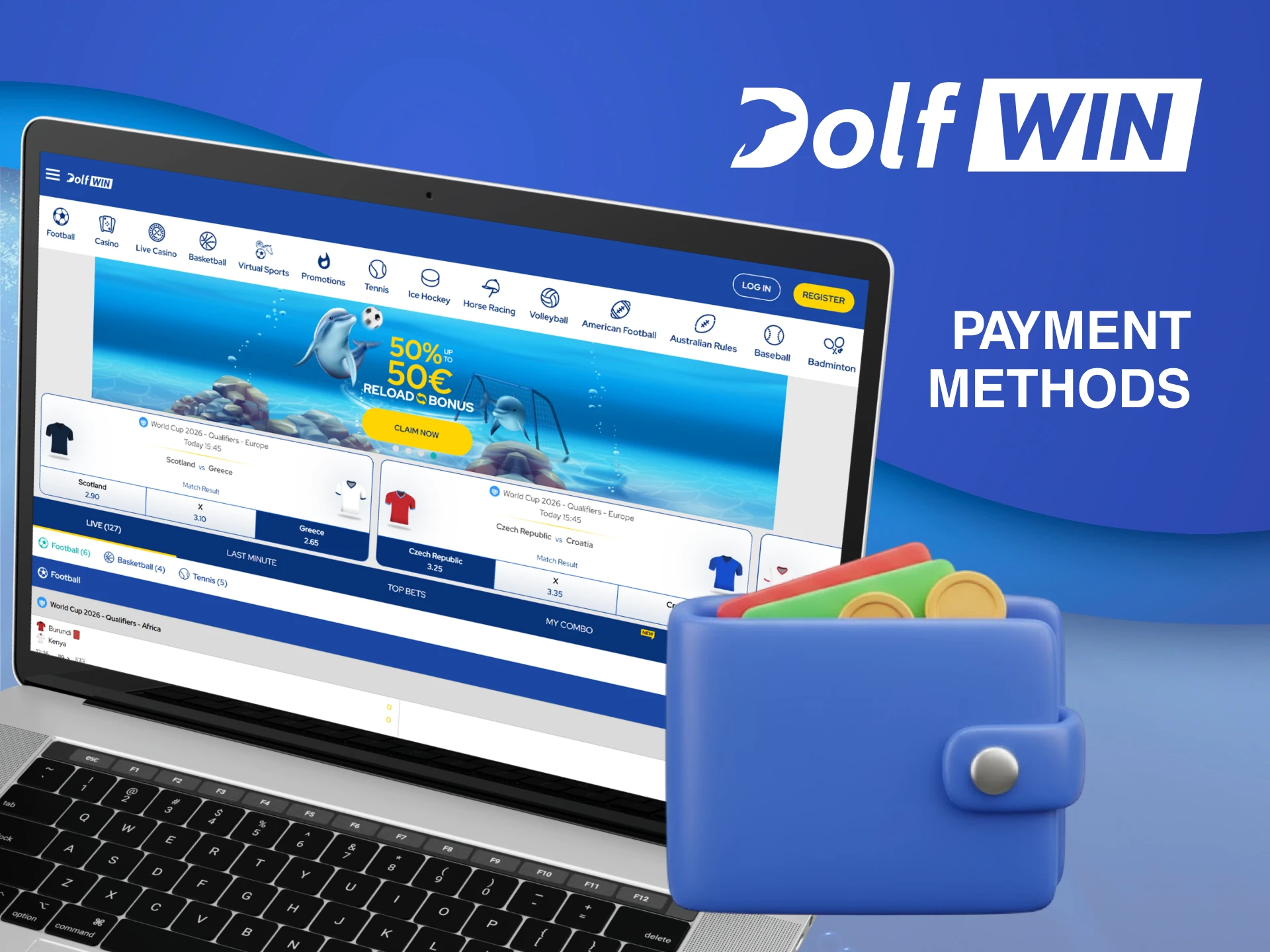 View all secure payment methods available for your Dolfwin Sports transactions.